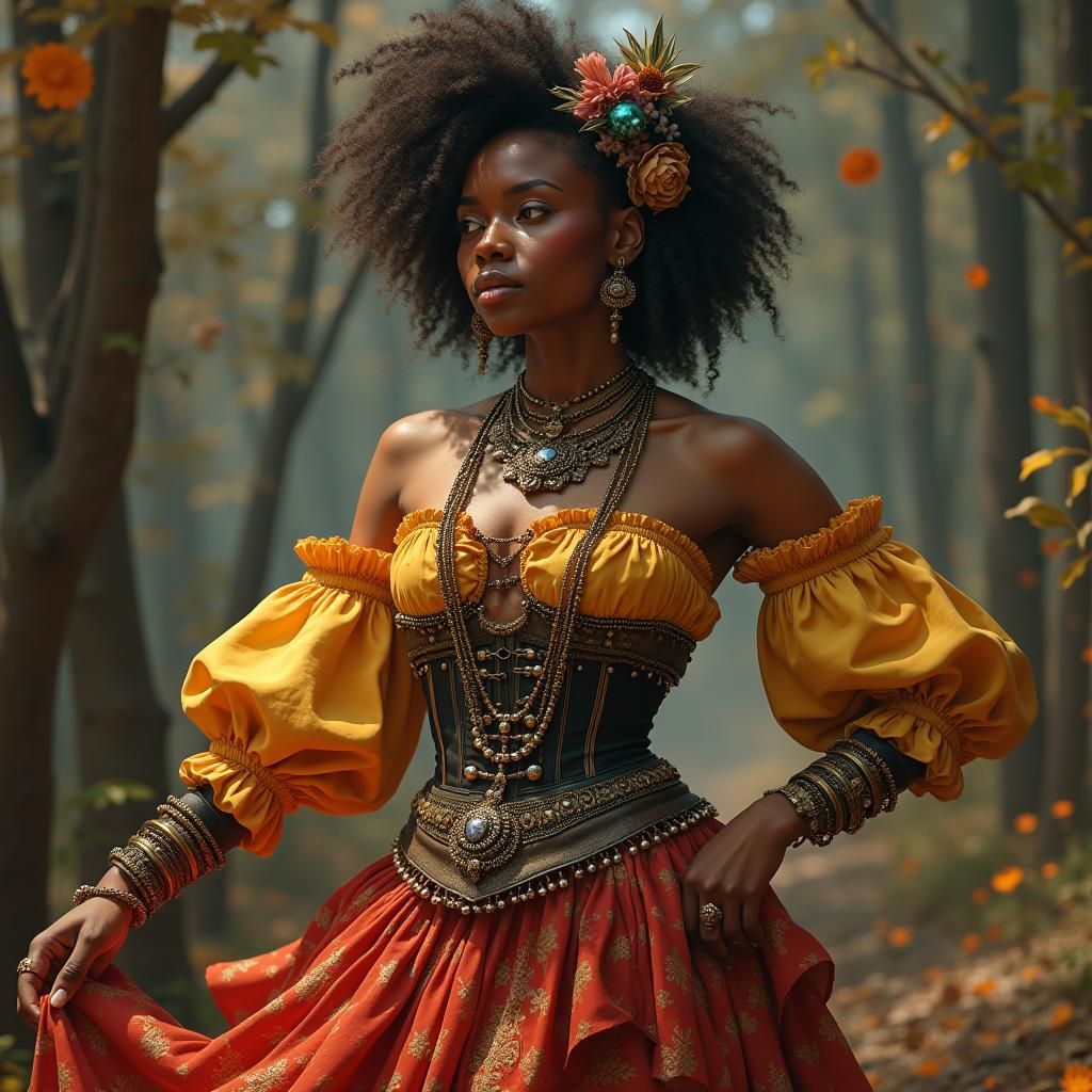 African Woman Dancing in Ornate Gypsy Outfit