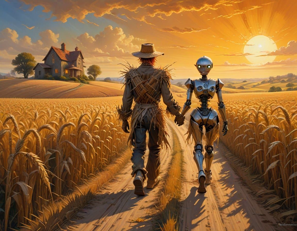 Fantasy Oil Painting: Scarecrow and Robot Holding Hands