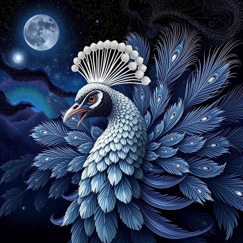 Vibrant Nighttime Peacock in a Kaleidoscope Sky