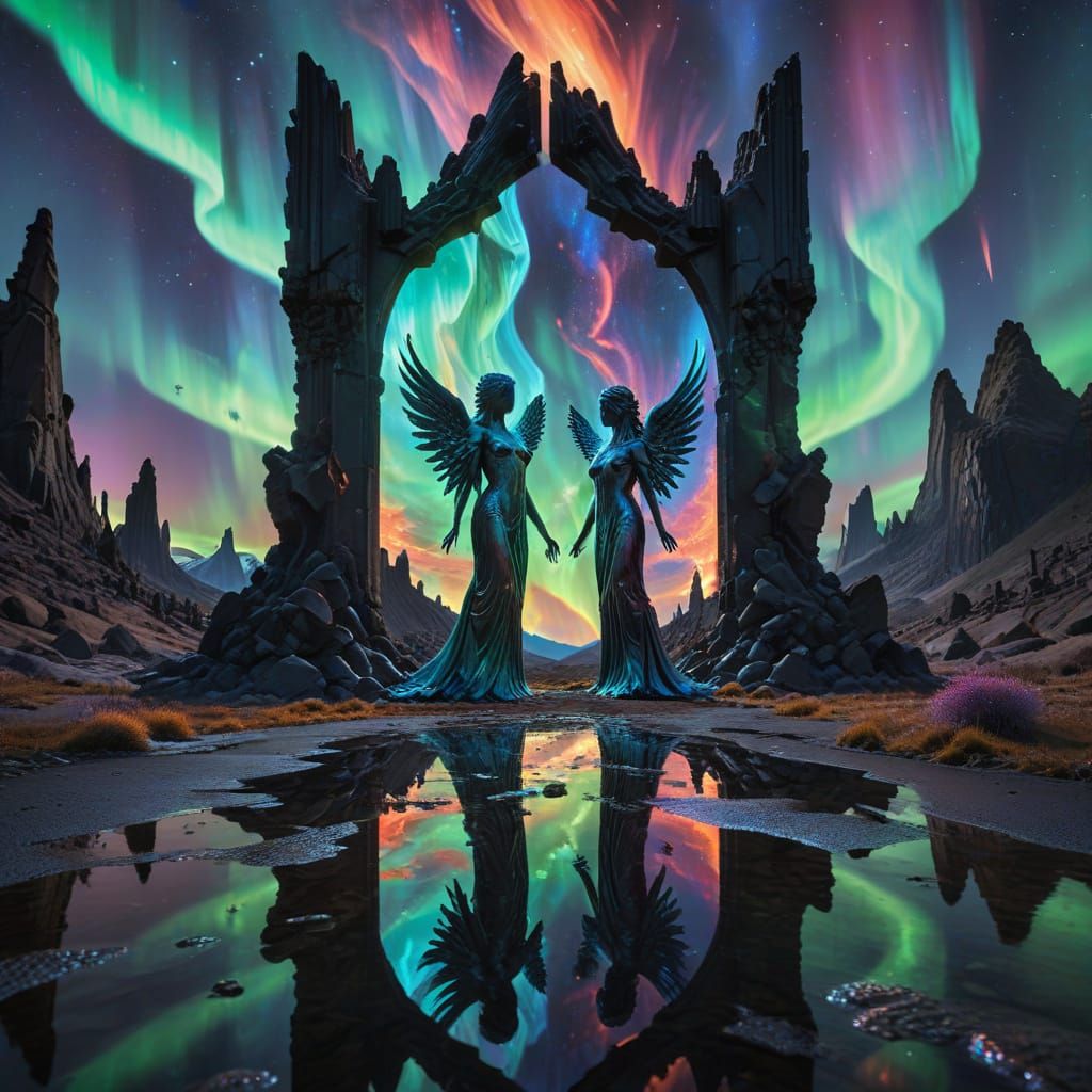 Angel and Devil in Mirror Under Aurora Sky