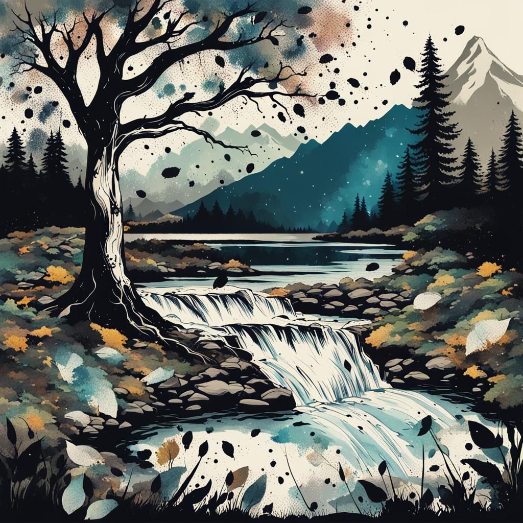 Ink Splatter Art of Tree by Stream