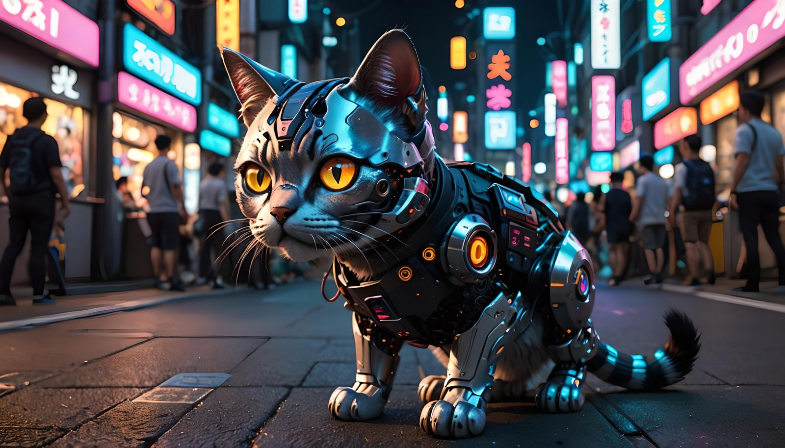 Cyberpunk Cat Cyborg on Tokyo Street