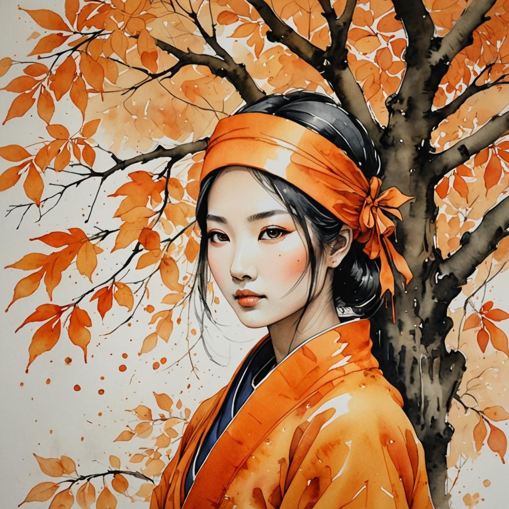 Autumn Portrait of Girl in Watercolor Style