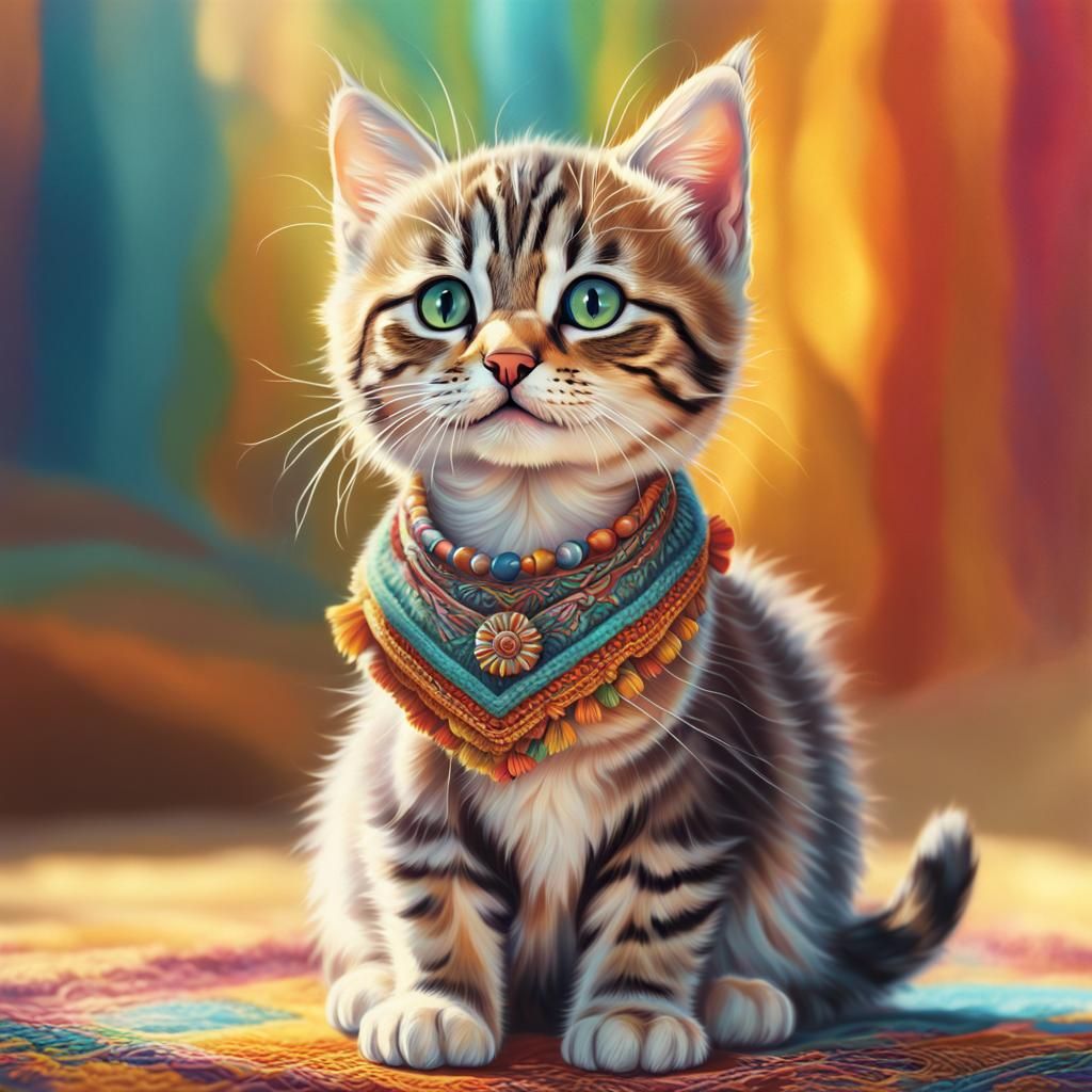 Hyperrealistic Tabby Kitten in Bohemian Garb