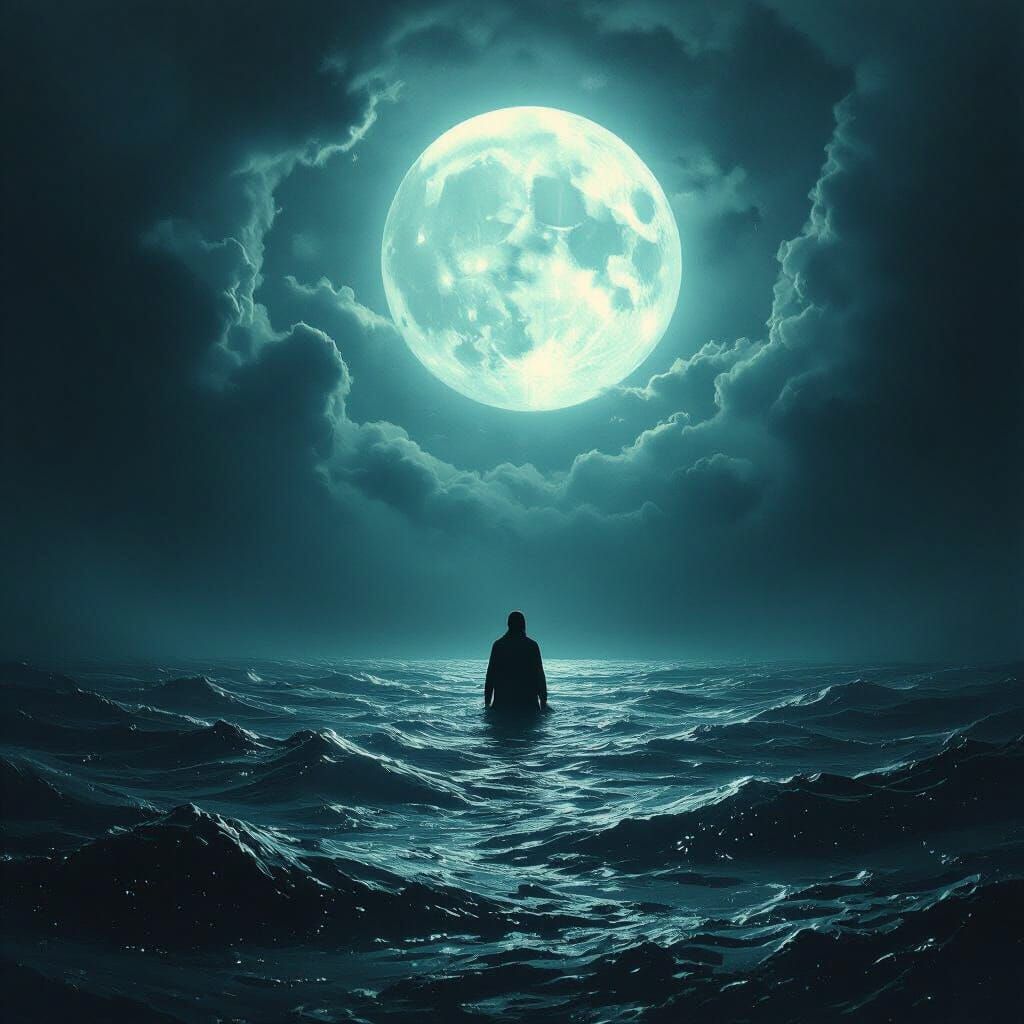 Lone Figure in Spooky Sea Under Moonlight