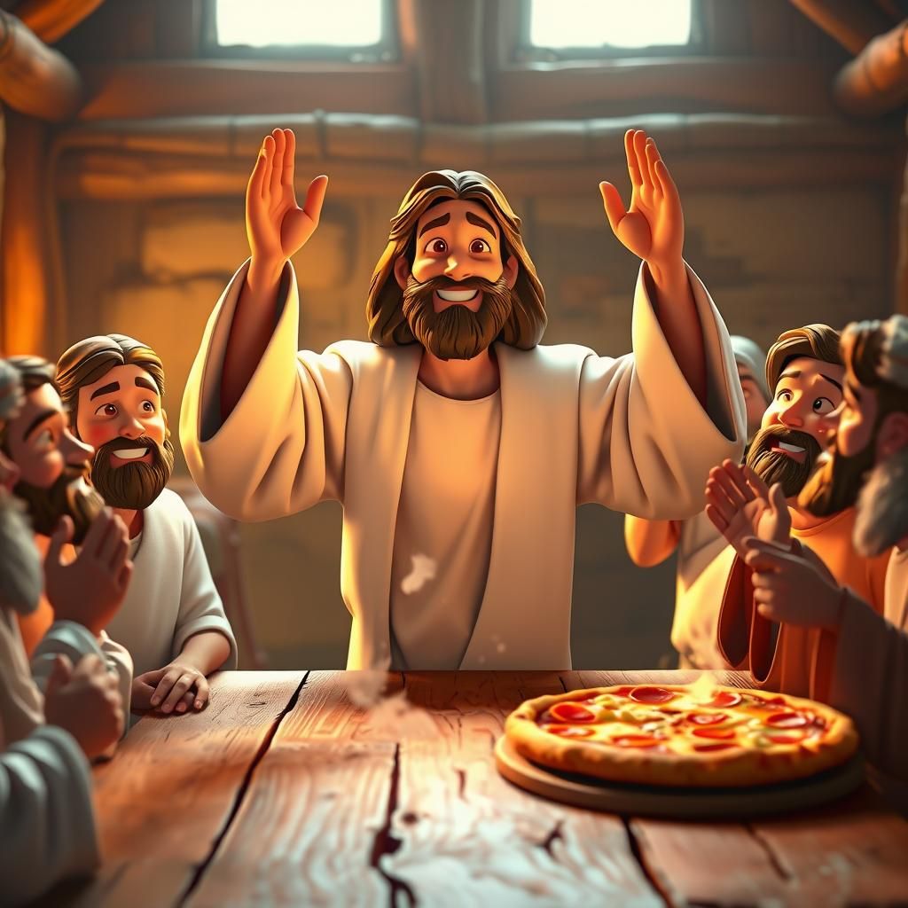 Jesus Blesses Pizza with Disciples in Cartoon 3D