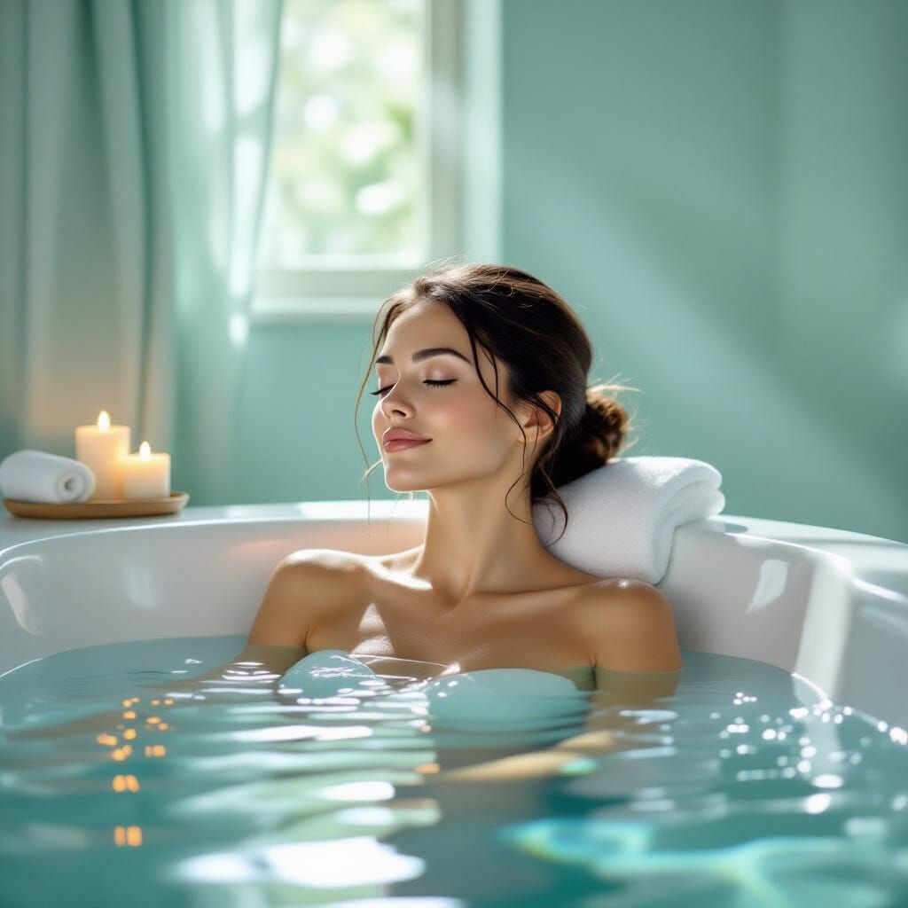 Serene Spa Scene: Woman in Relaxing Light, Classic Illustrat...