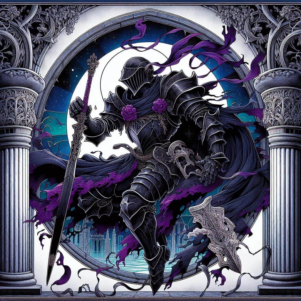 Gothic Knight in Dark Armor with Purple Trims