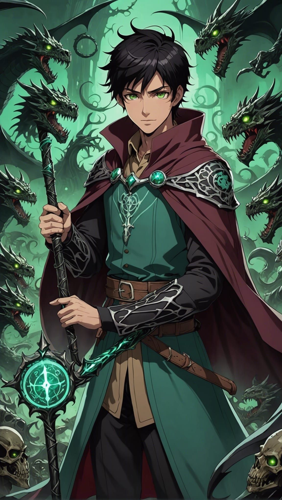 Anime Boy with Dragon Staff and Undead Army