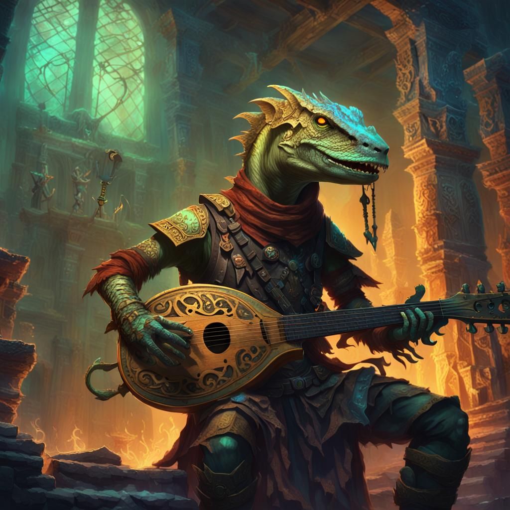 Lizardfolk Bard Plays Lyre in Ancient Temple
