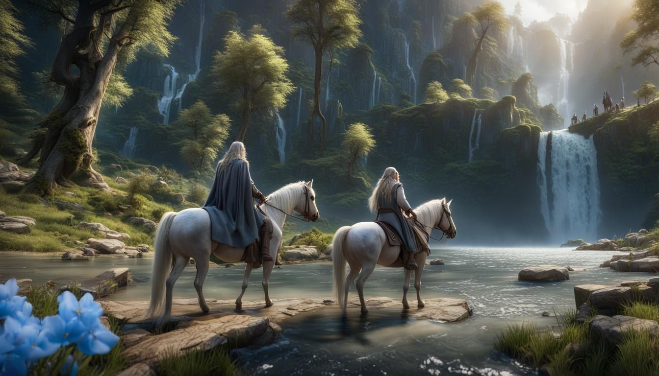 Epic Waterfall Scene with Gandalf and Galadriel