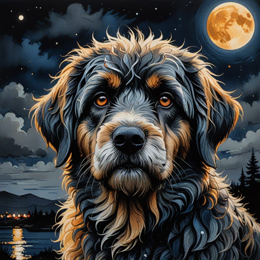 Gouache Portrait of a Sad Shaggy Dog Under a Rising Moon