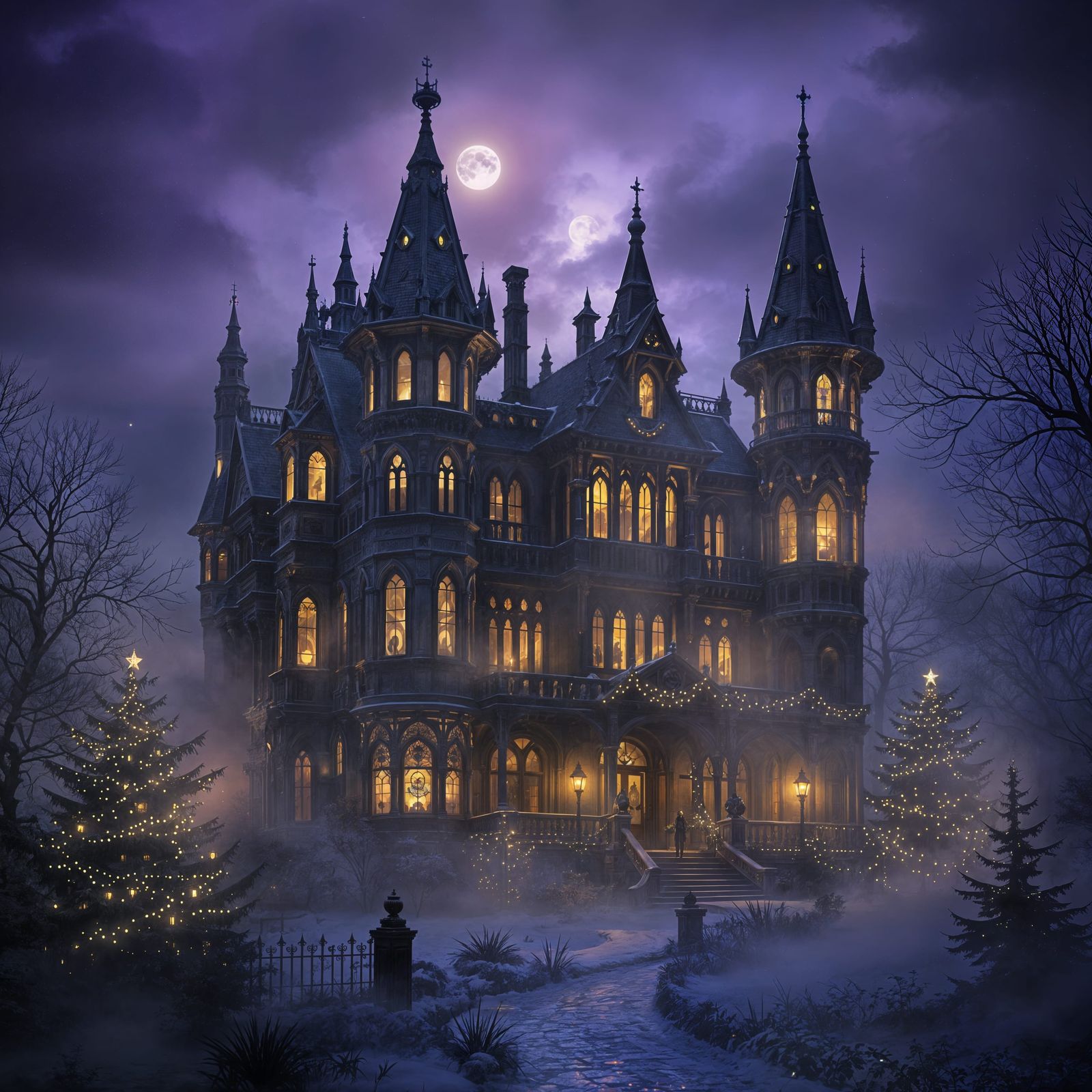 Gothic Victorian Christmas House in Dark Fantasy Style