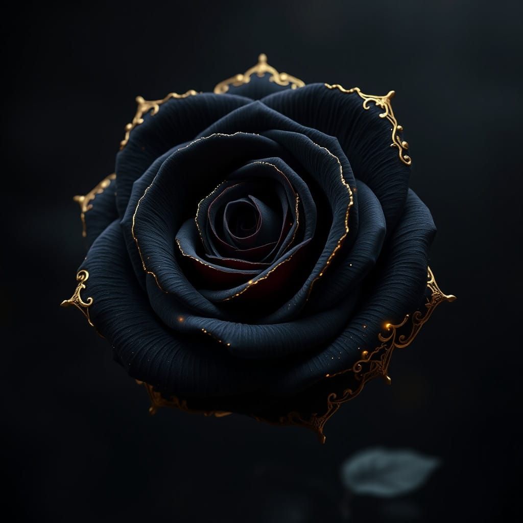 Ethereal Black Rose with Golden Accents in a Dark, Mysteriou...