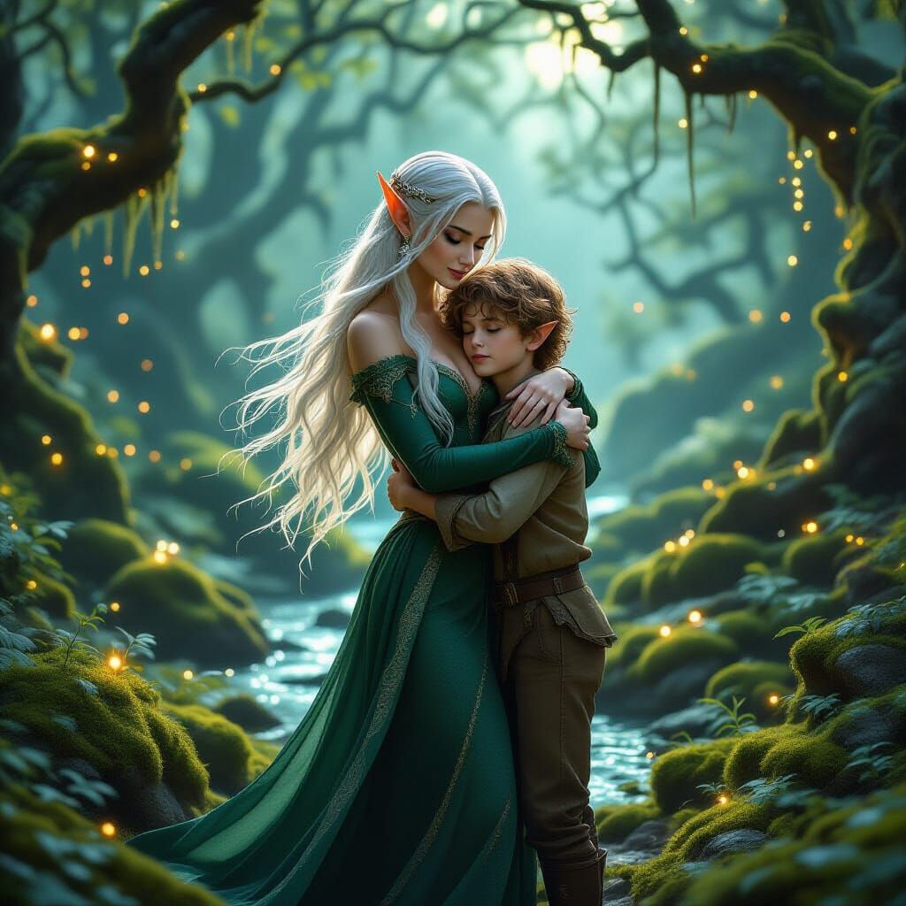 Elf Carries Boy Through Magical Forest at Dusk