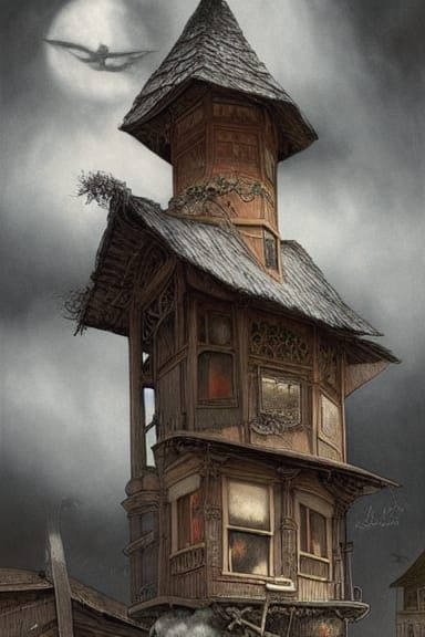 Victorian Witch's Gingerbread House in Grisaille