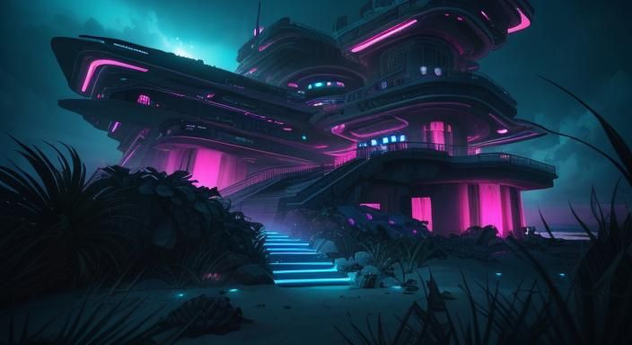 Tropical Cyberpunk Fortress on Beach in Impasto Style