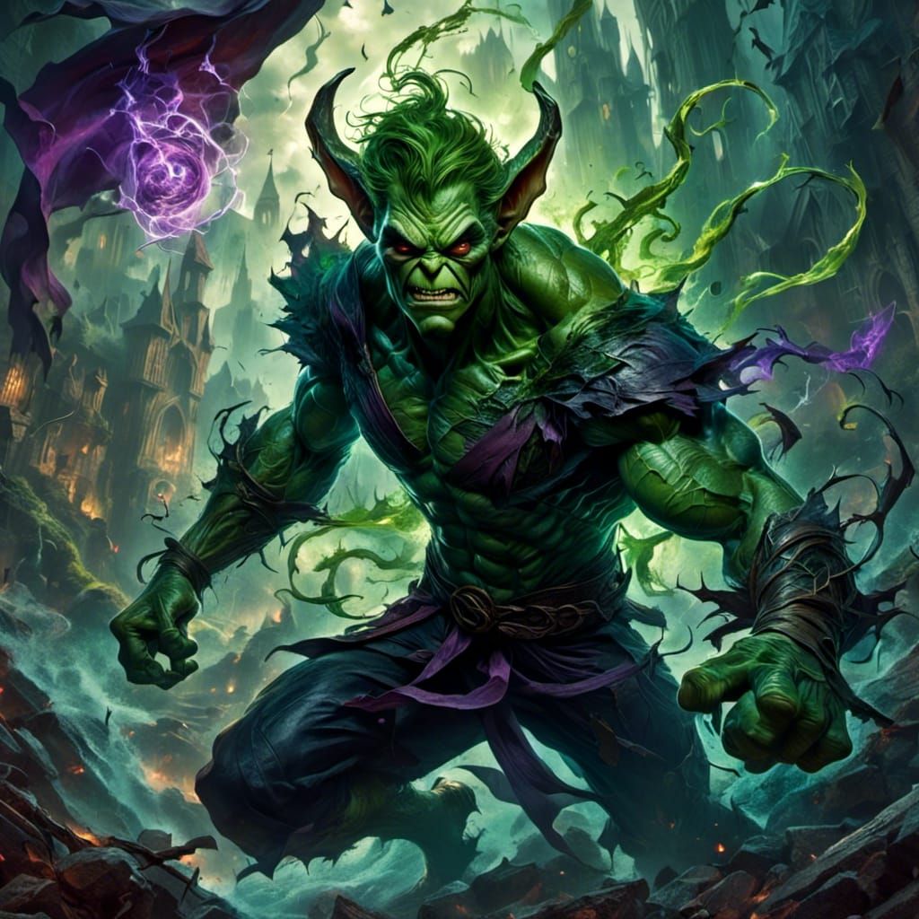Menacing Green Goblin Portrait in Dark Fantasy Landscape