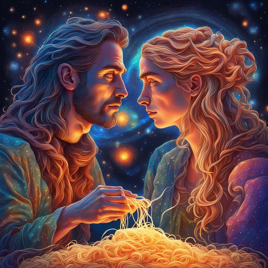 Couple Eating Spaghetti in Cosmic Illustration