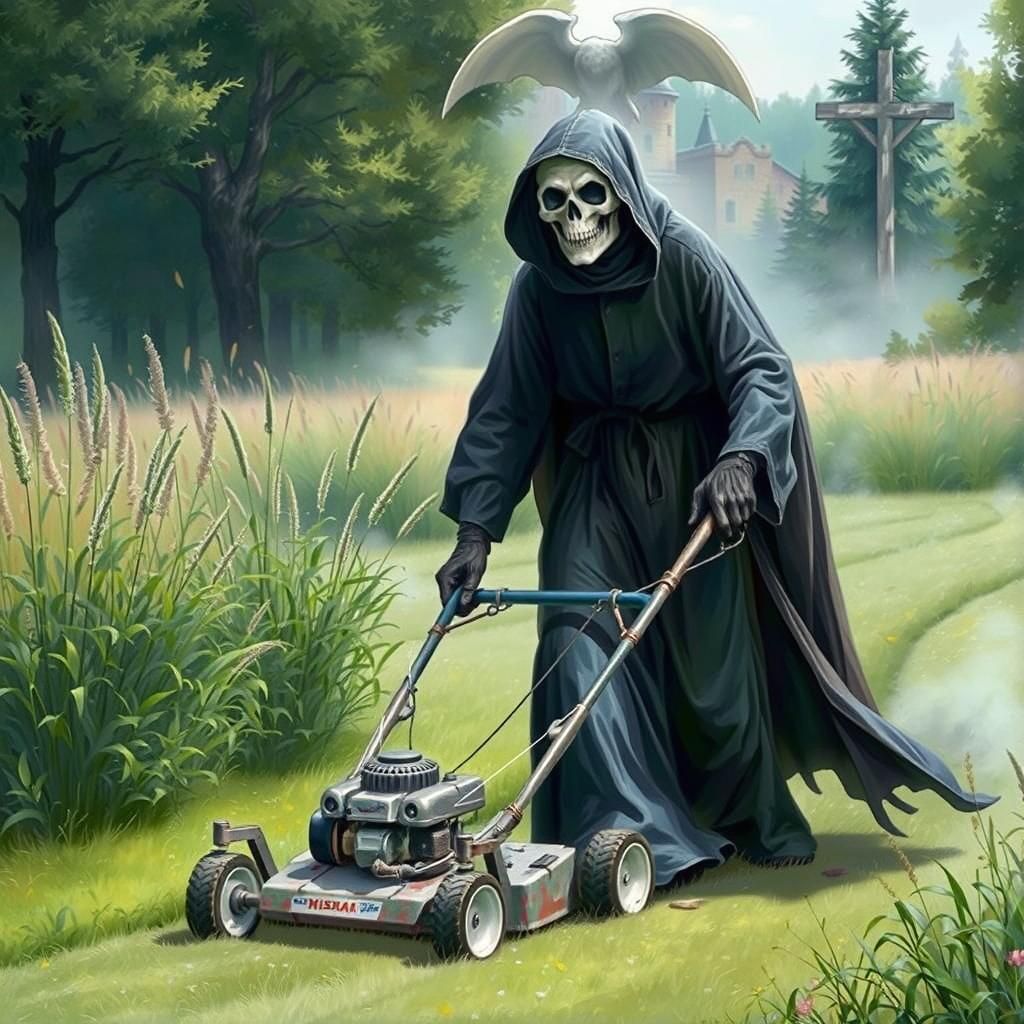 Grim Reaper Mowing Meadow: A Surreal Scene
