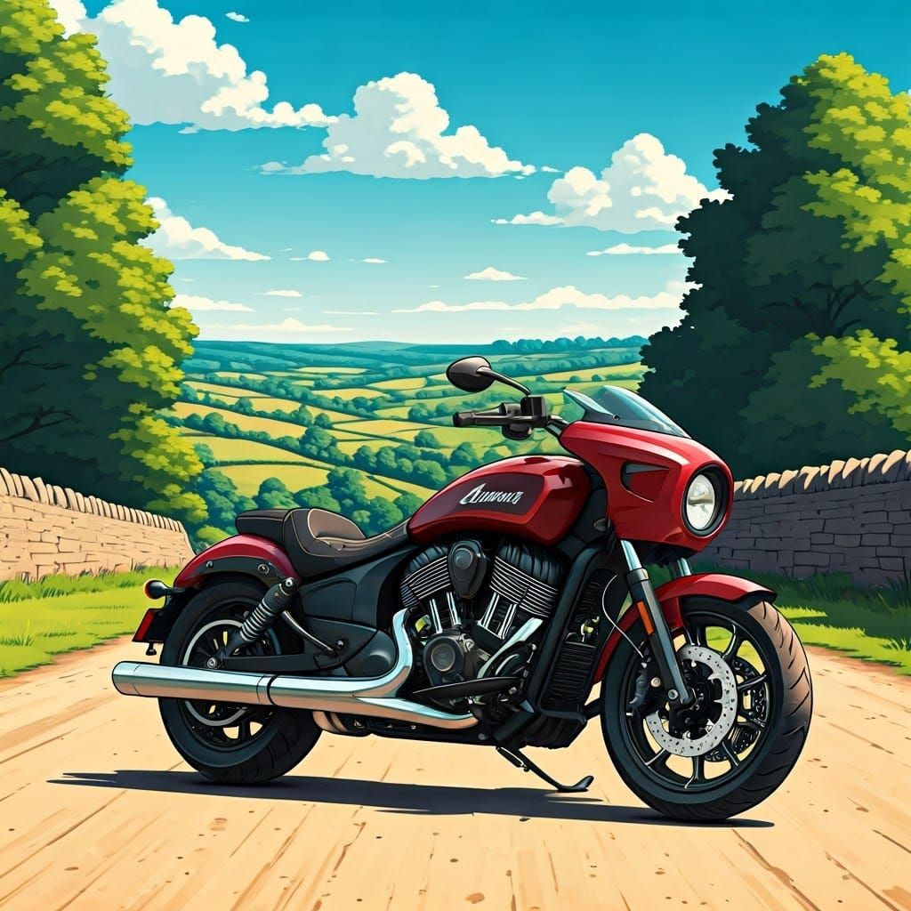 Indian Challenger Motorcycle on Cotswolds Road in Anime Styl...