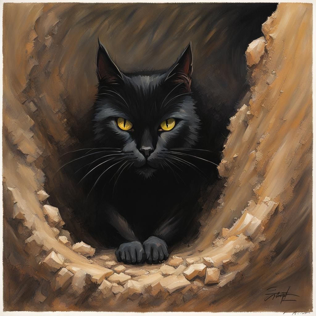 Sinister Black Cat Gazing into a Dark Hole
