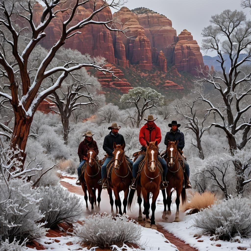 Cowboys in Snowy Sedona, Watercolor Fantasy Art