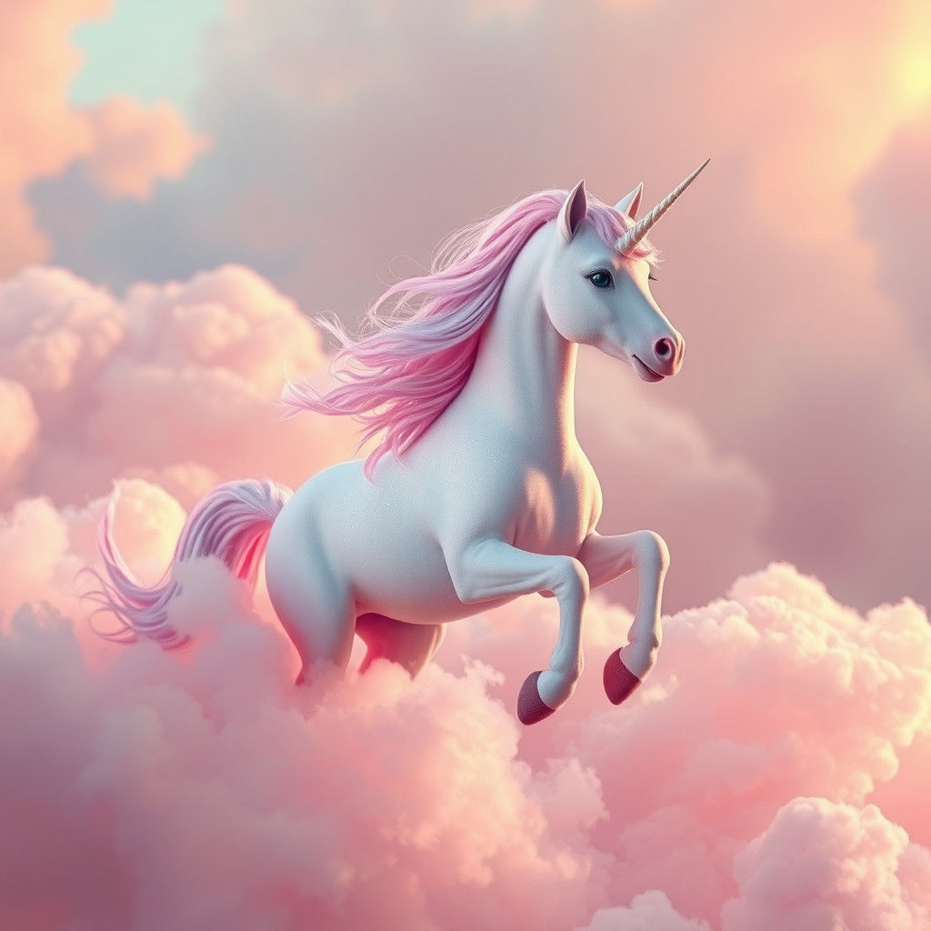 Magical Pink Unicorn Floating Among Pastel Clouds