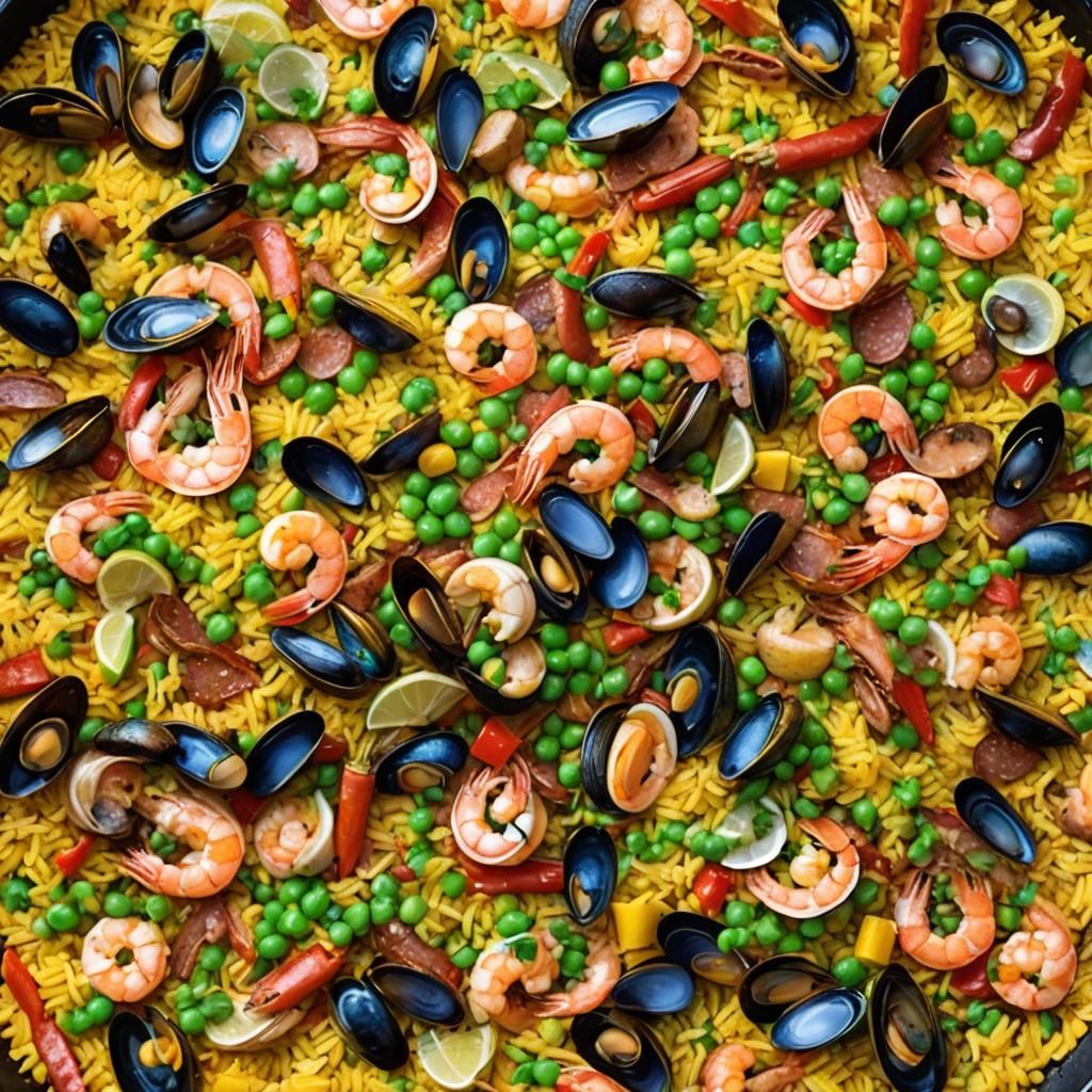 Paella Pan Overflowing with Seafood and Saffron Rice