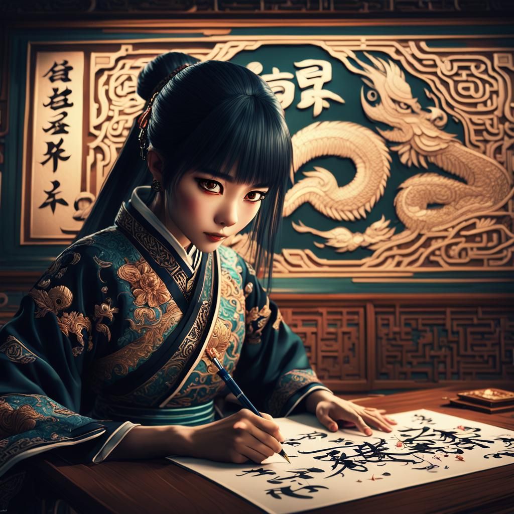 Anime Woman Writing Chinese Calligraphy on Wall