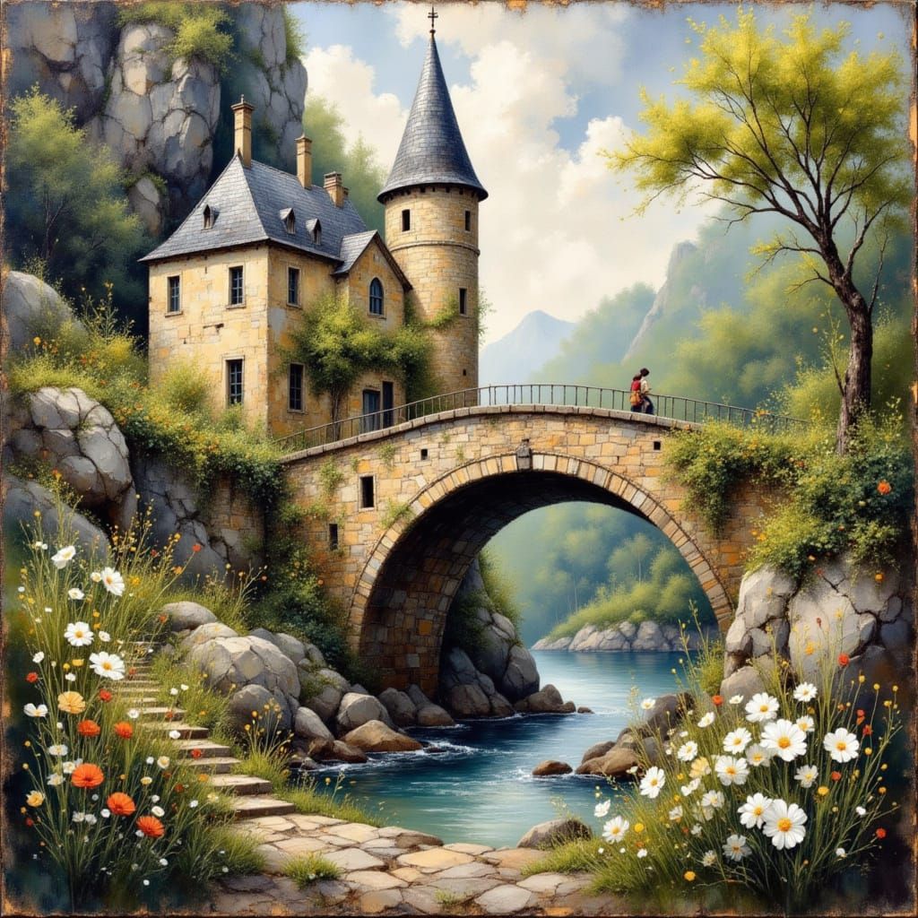 Baroque Chateau and Ancient Stone Bridge in Impressionist St...