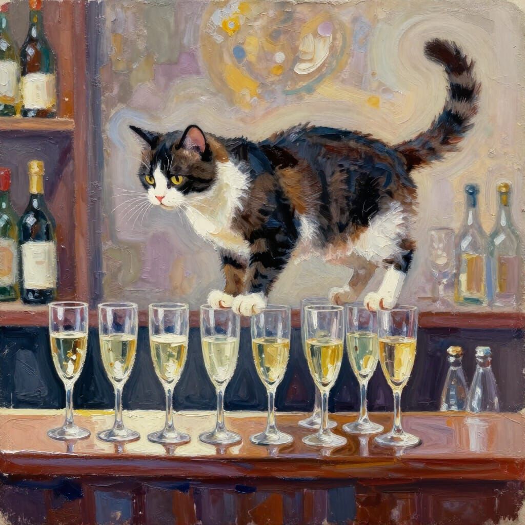 Cat Balances on Champagne Glasses in Gouache Style