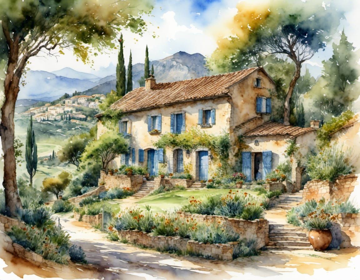 Charming Provençal Farmhouse in Watercolor Style