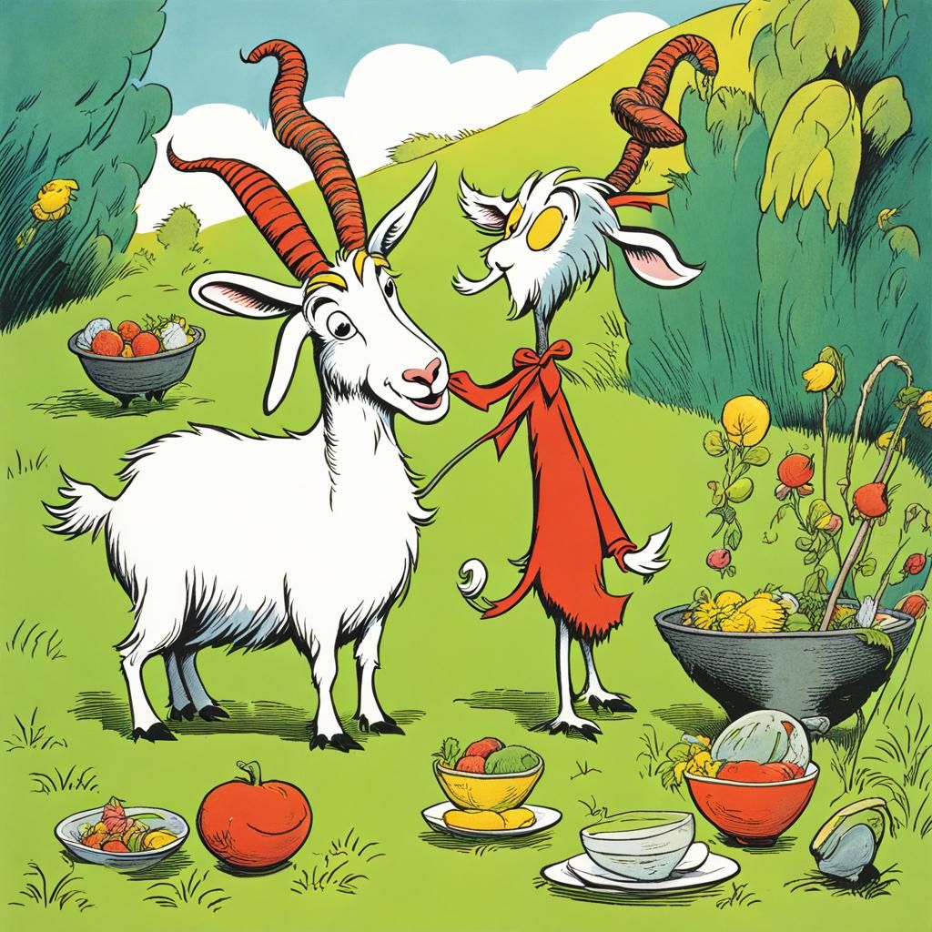 Greedy Goat Illustration in Dr. Seuss Style