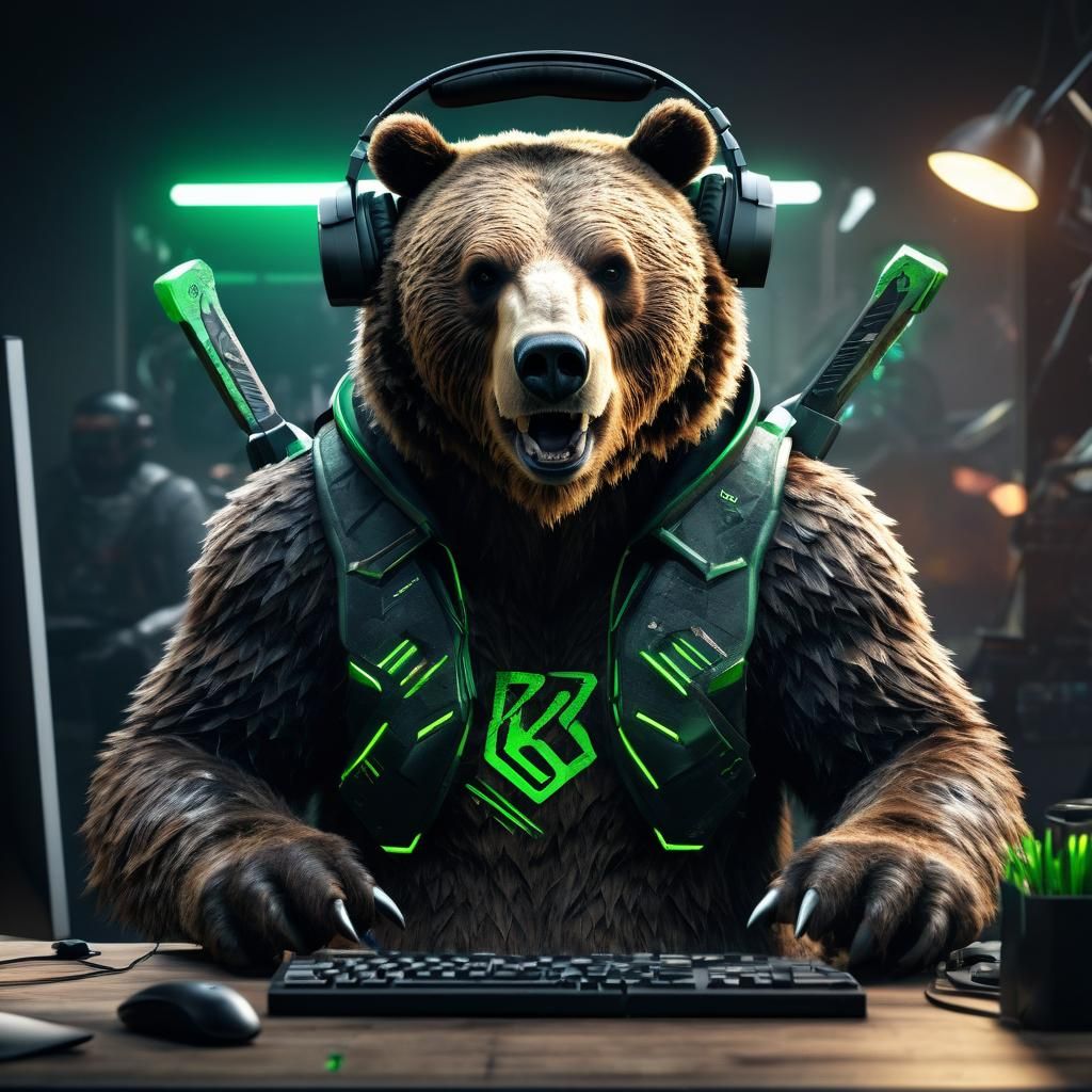 Hyperrealistic Battle Grizzly Gamer in Futuristic Setup