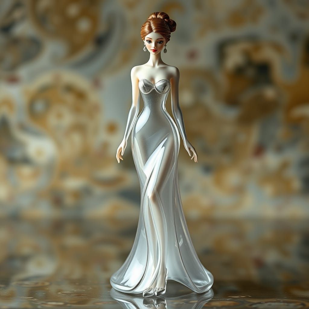 Elegant Woman in Transparent Glass Gown and Slippers