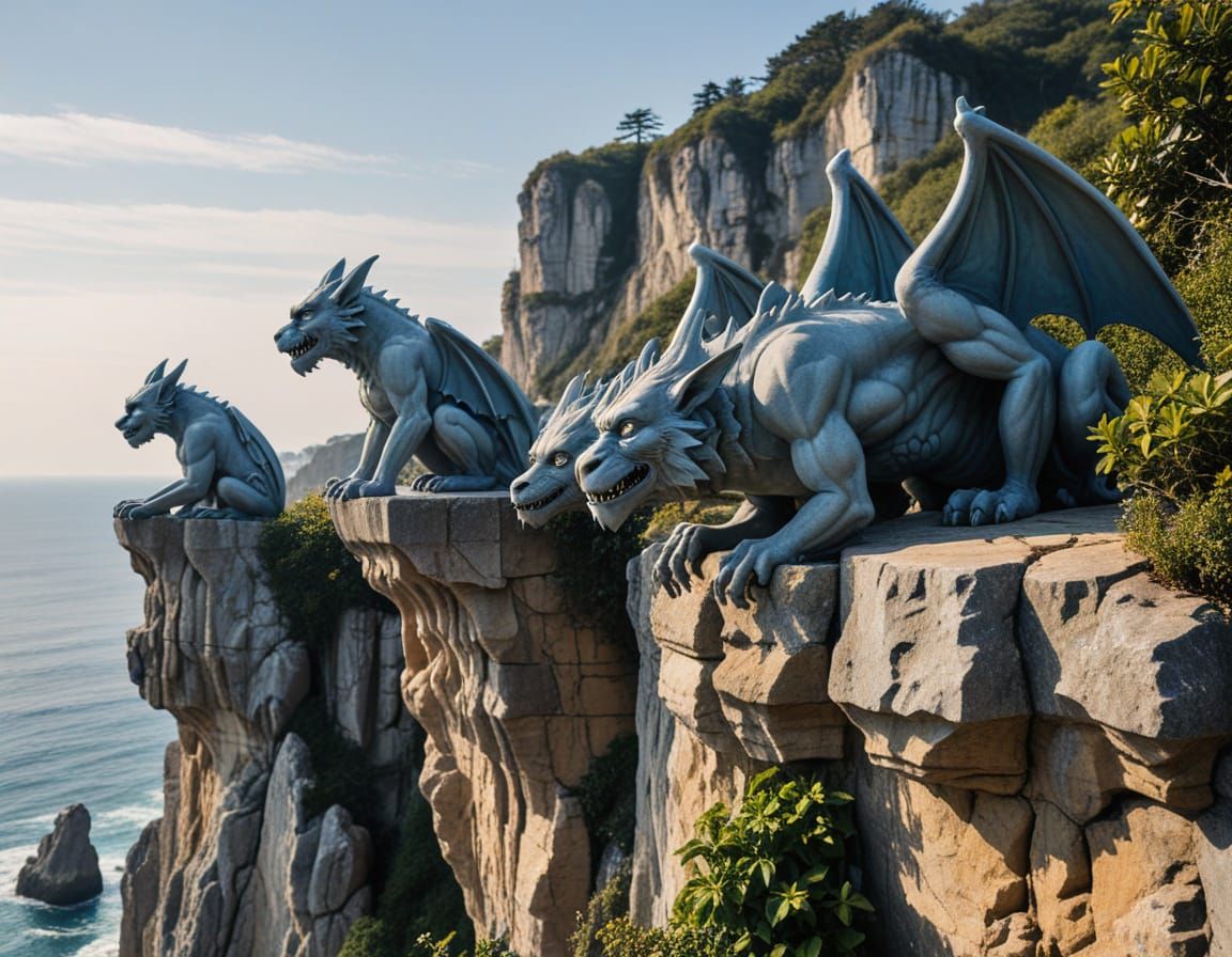 Gargoyles Perched on Cliff Overlooking the Sea in Whimsical ...
