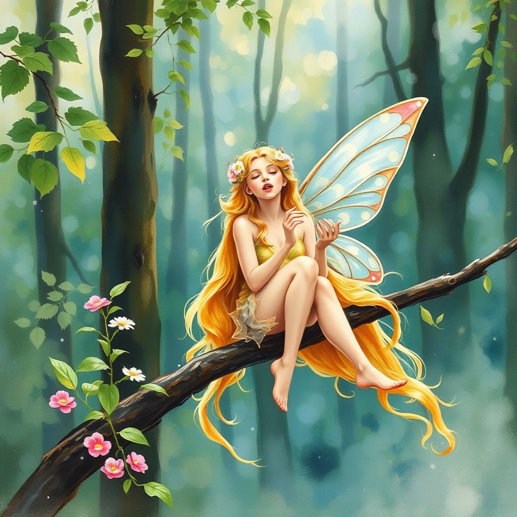 Golden Haired Fairy Sings in Impressionist Gouache Style