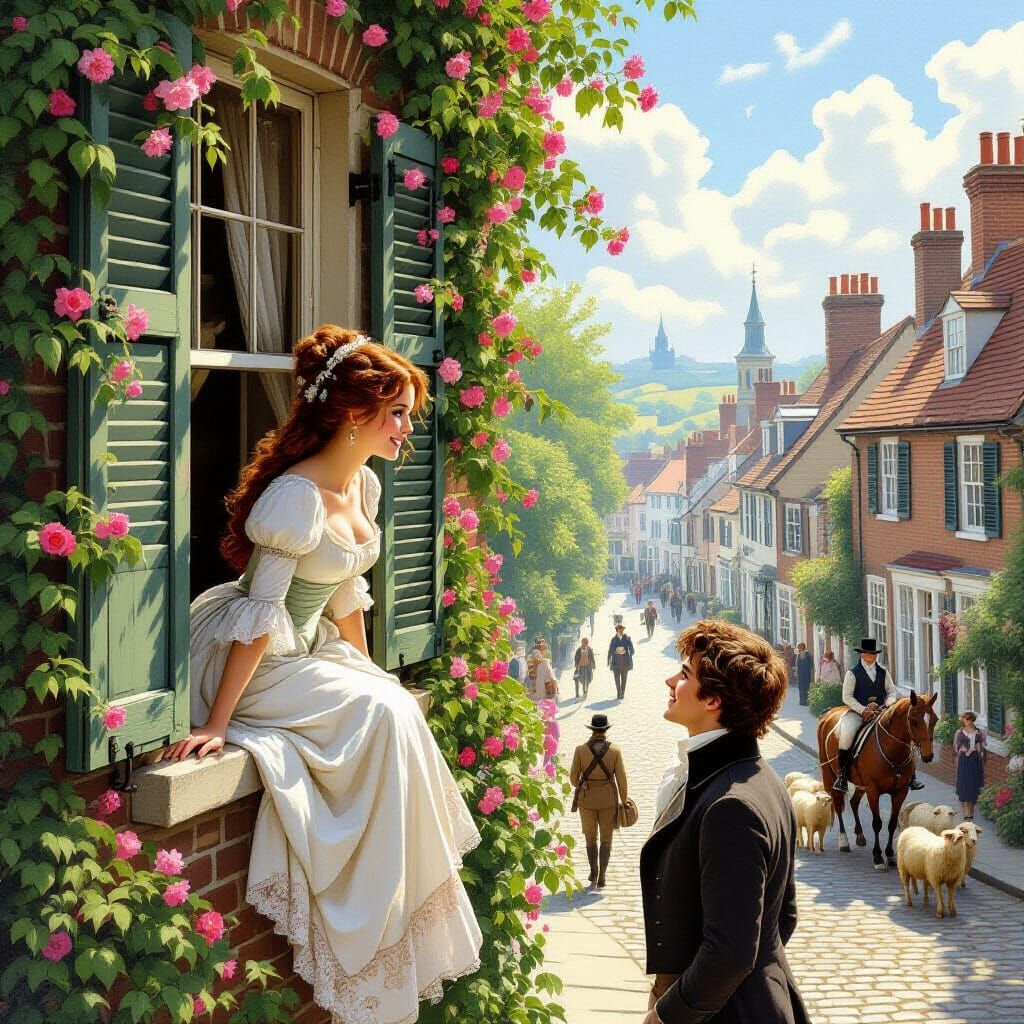 Regency Romance: Woman at Window Sees Gentleman Below