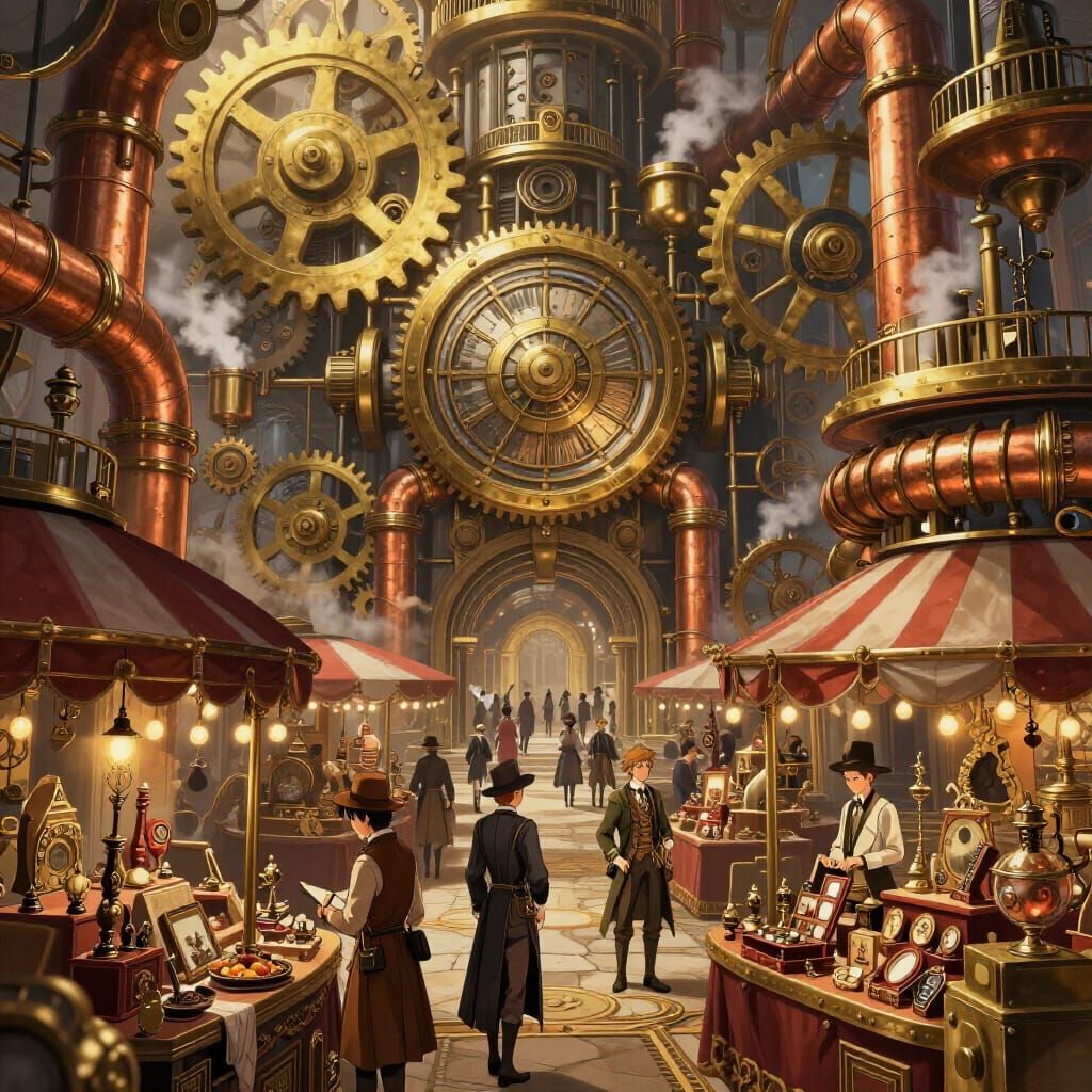 Steampunk Marketplace in Clockwork City, 3D Anime Art