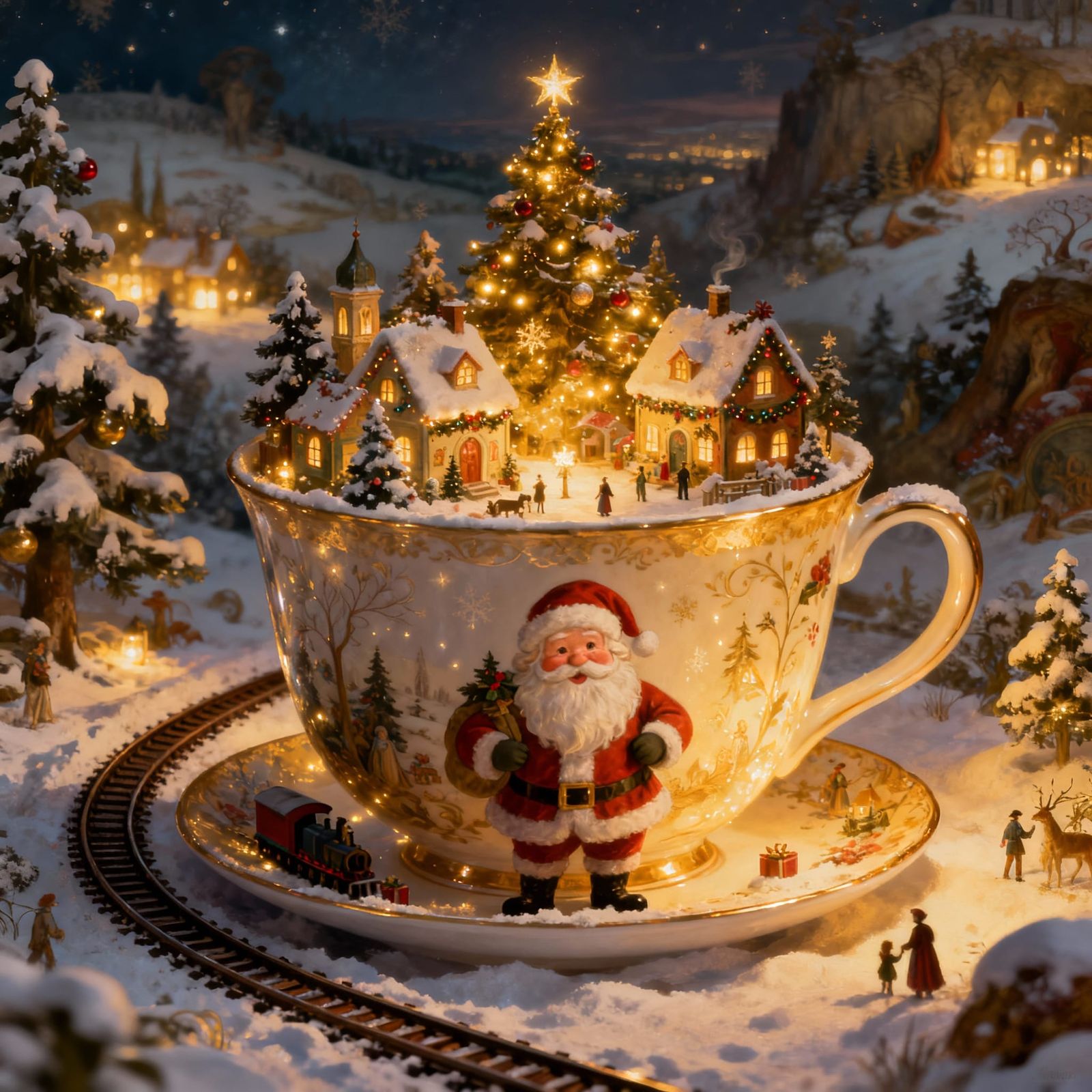 Surreal Christmas Teacup Village with Happy Santa