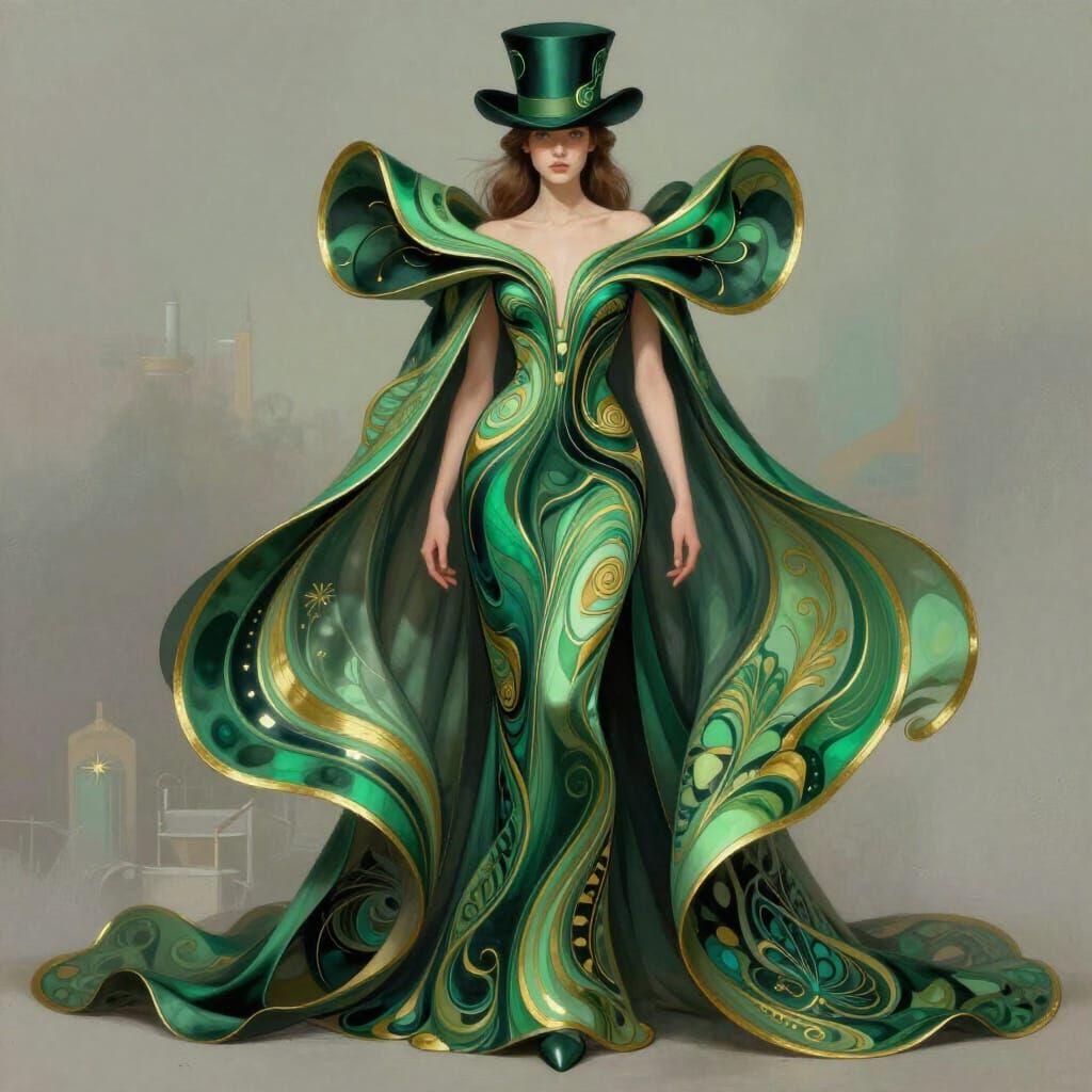 Art Nouveau Futurism Fashion: Green Evening Gown