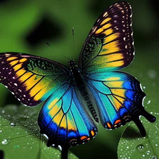 Bioluminescent Butterfly with Raindrops, Hyperrealistic Phot...