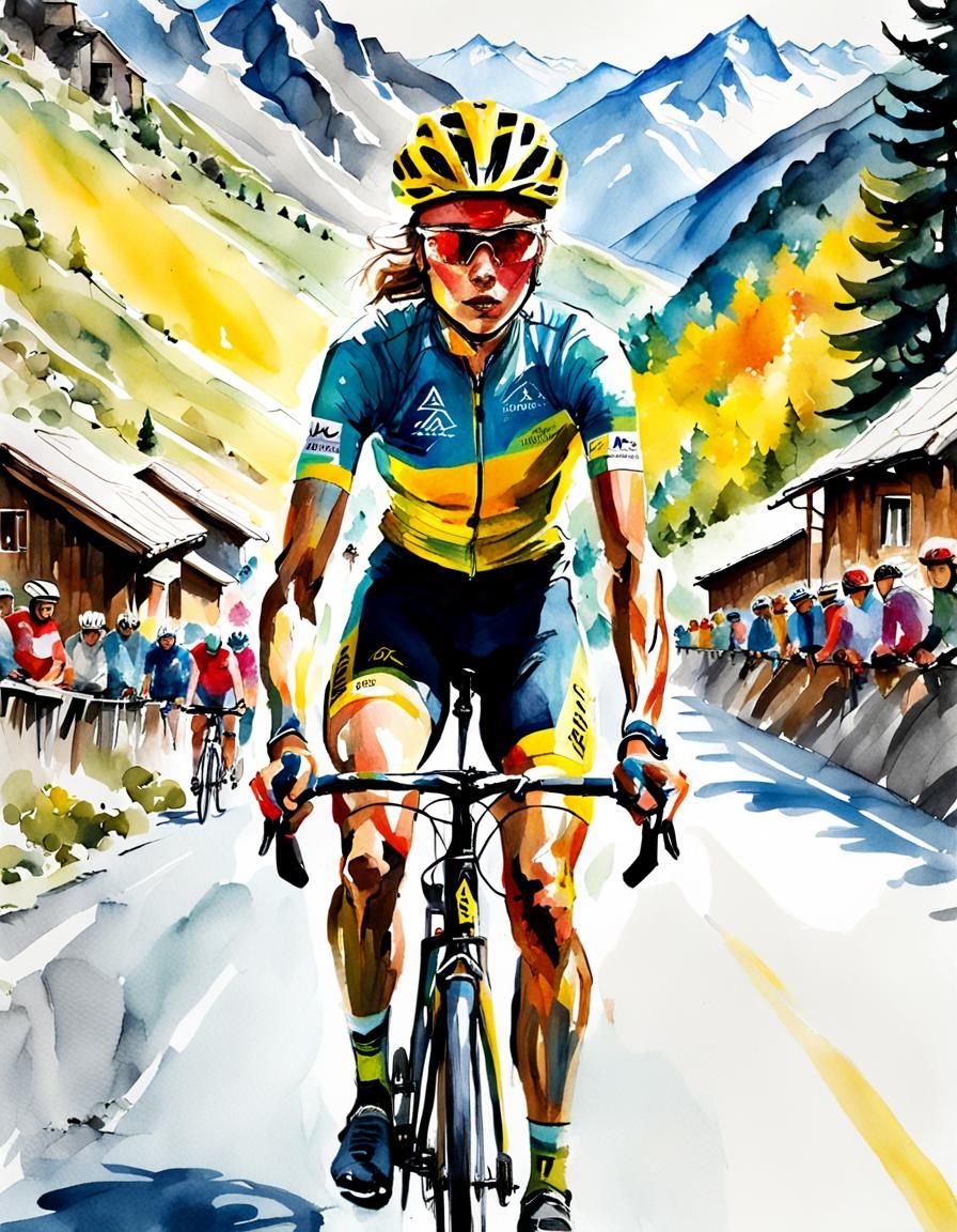 d'un cycliste avec un maillot jaune montant sur la route de l'Alpe d'Huez