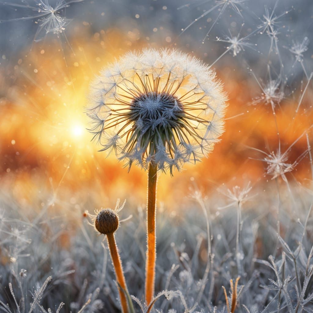 Dandelion in Frosty Sunrise, Oil and Watercolor Style
