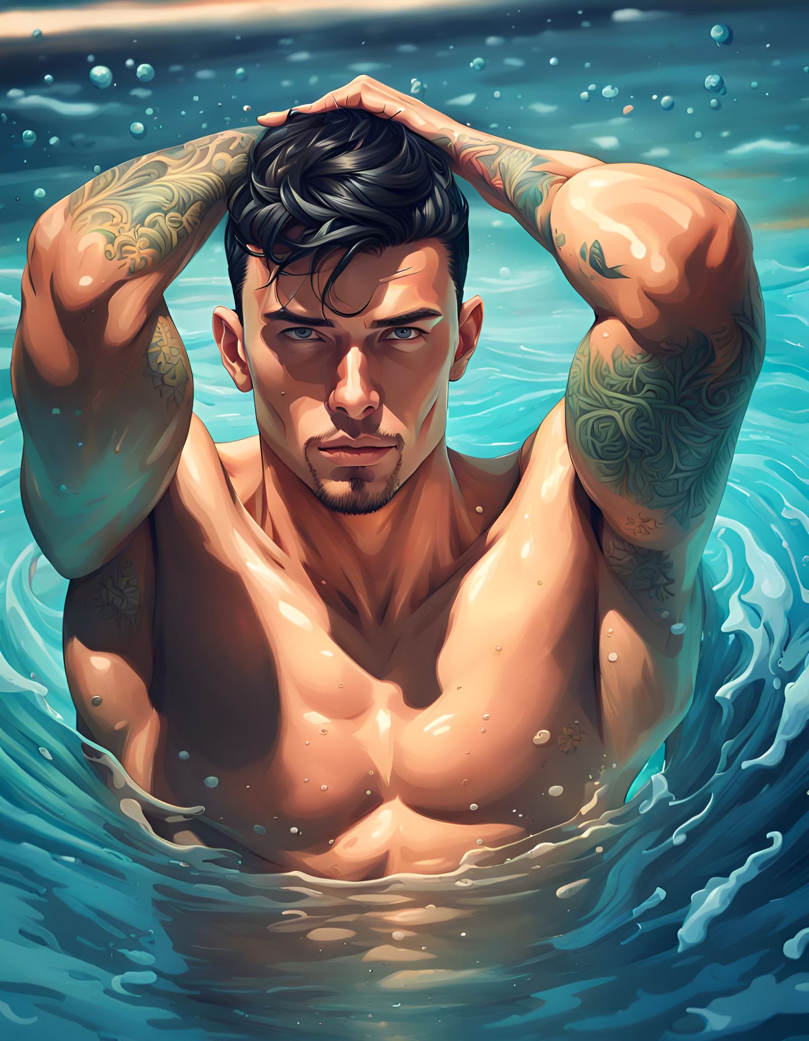 Hyperrealistic Portrait of Handsome Man in Swimsuit