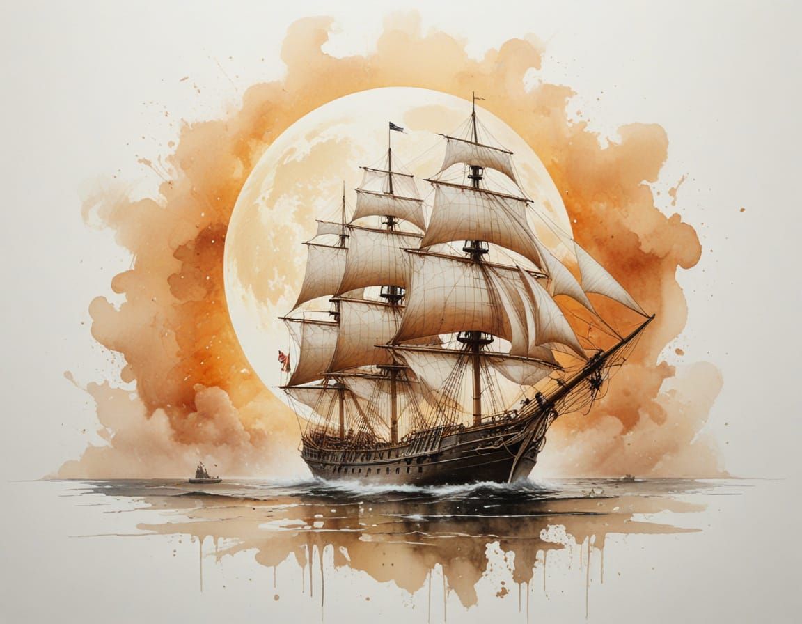 Fantasy Ship Under Giant Moon, Painterly Realism