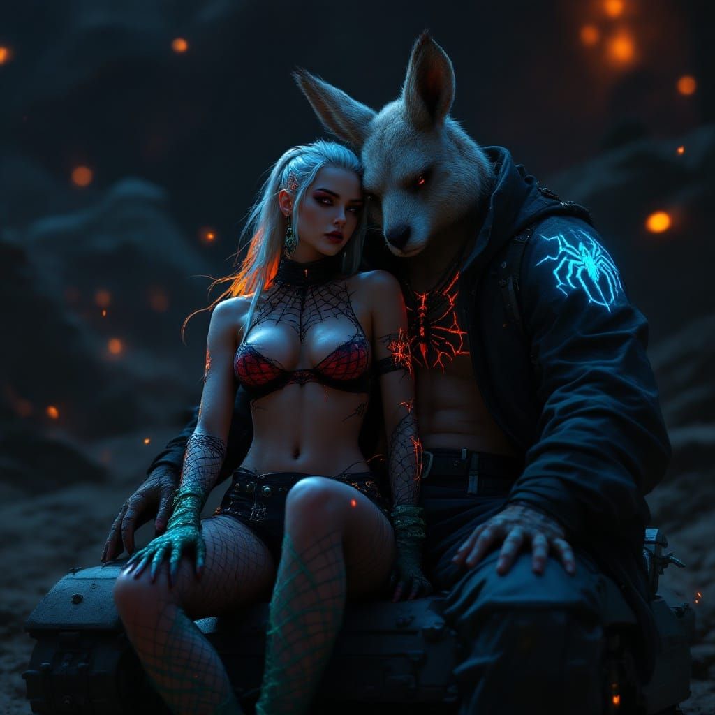 High Fantasy Goth Tankwoman and Anthro Kangaroo in Desert