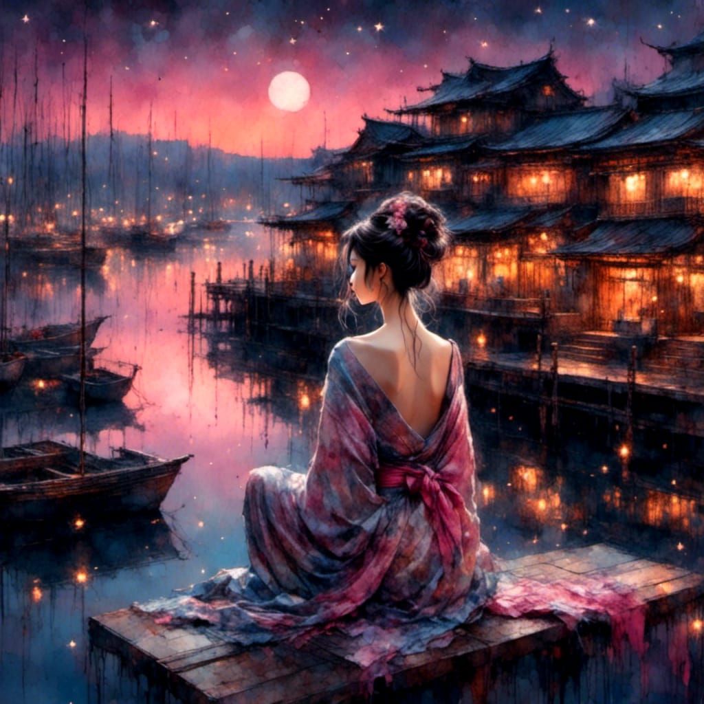 Geisha on Dock at Night Under Full Moon