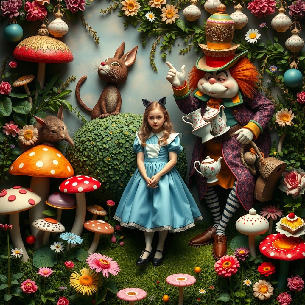 Alice's Surreal Tea Party in Oil Painting